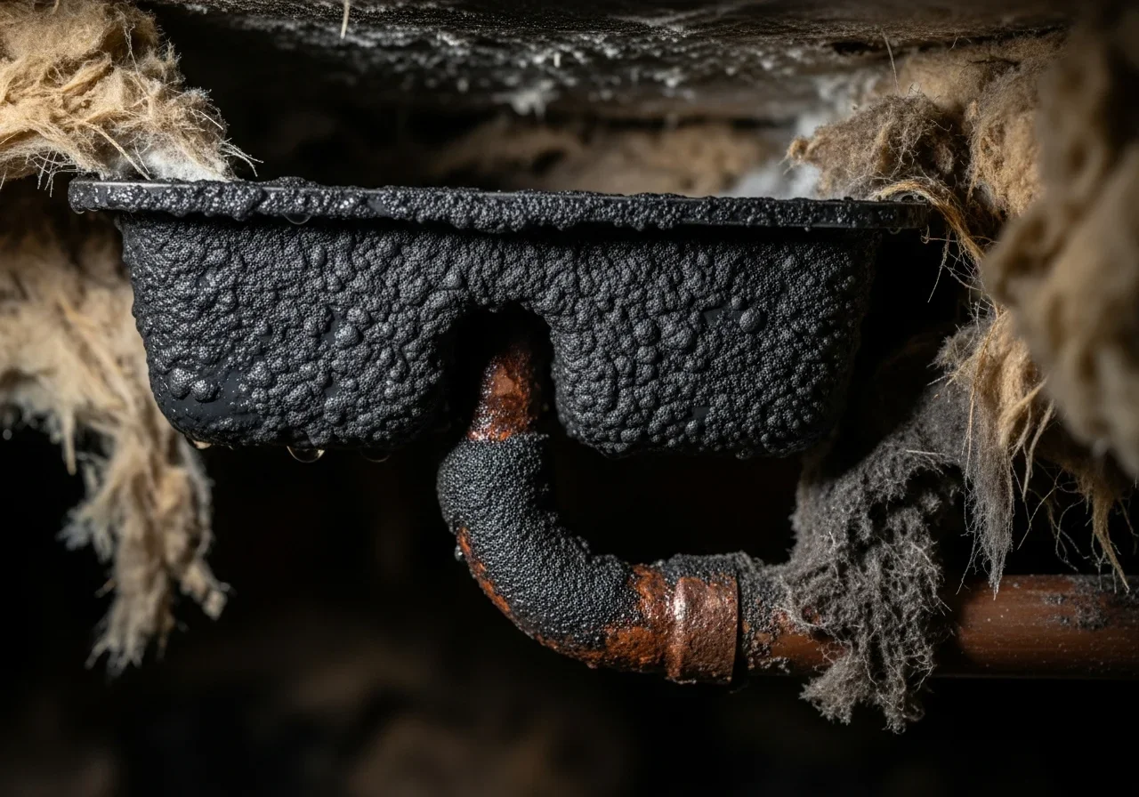 Close-up macro photograph of black mold growth on an HVAC condensate drip pan and copper drain line inside a Charlotte crawl space with visible water staining and insulation degradation