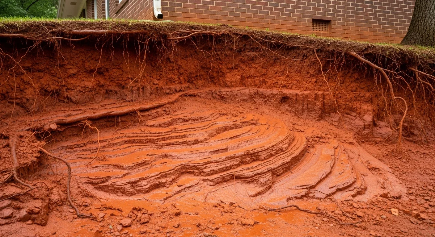 Exposed Charlotte North Carolina red clay soil bank next to a brick ranch foundation showing Cecil series Piedmont clay texture with visible saturation after recent rainfall