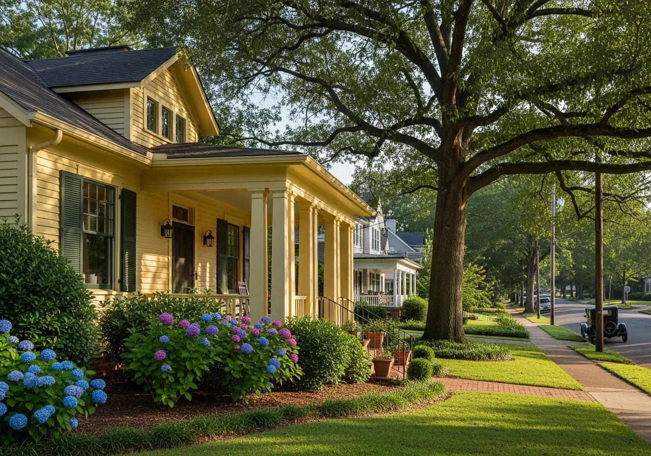 Dilworth Charlotte NC Craftsman bungalow with yellow painted wood siding, wraparound porch and mature landscaping