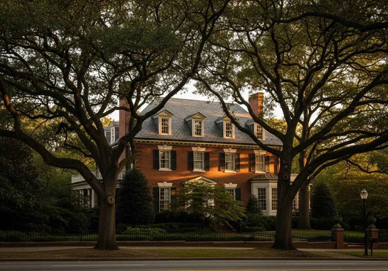 Myers Park Charlotte brick estate home from the 1930s with thick oak canopy overhead and Queens Road streetscape visible