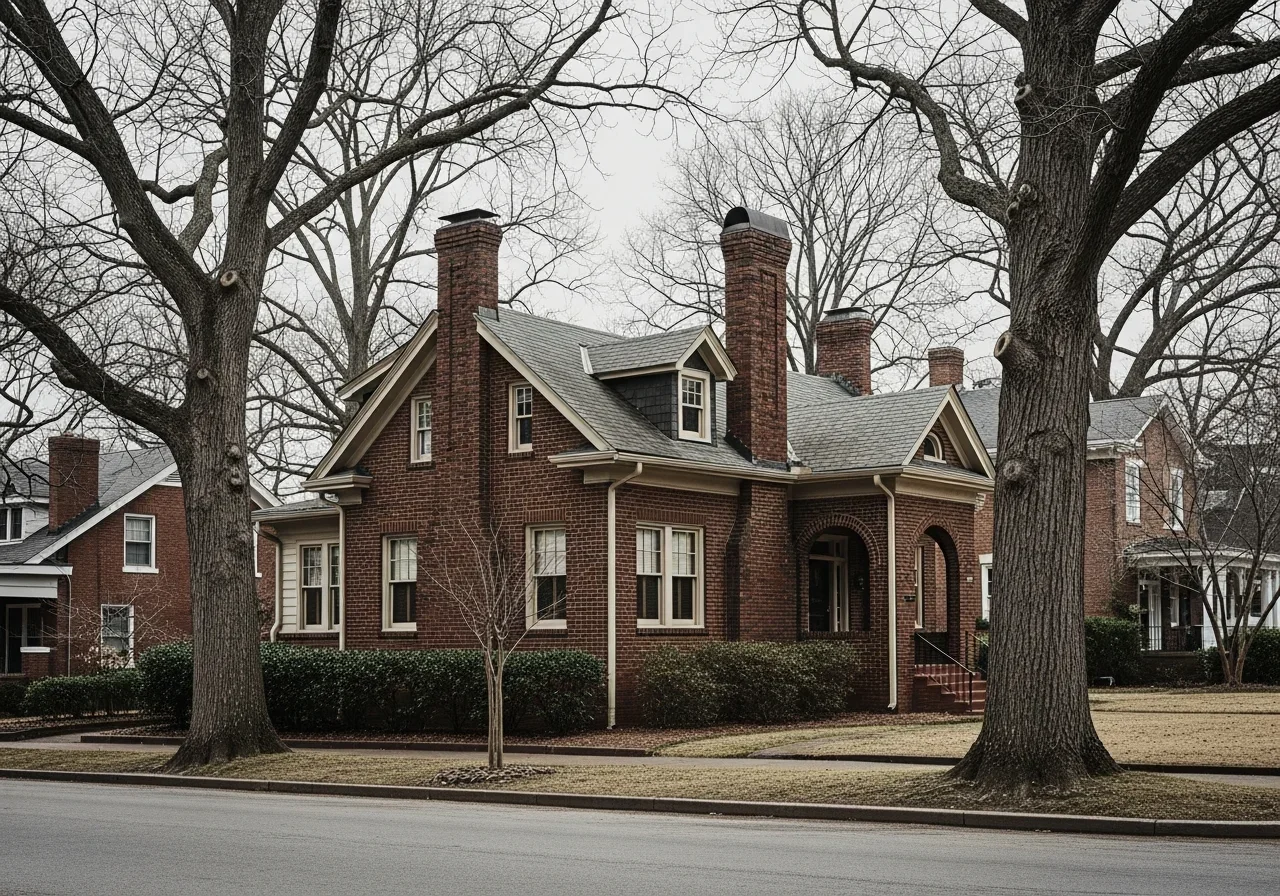 Plaza Midwood Charlotte historic brick bungalow with original chimneys and mature oak street trees