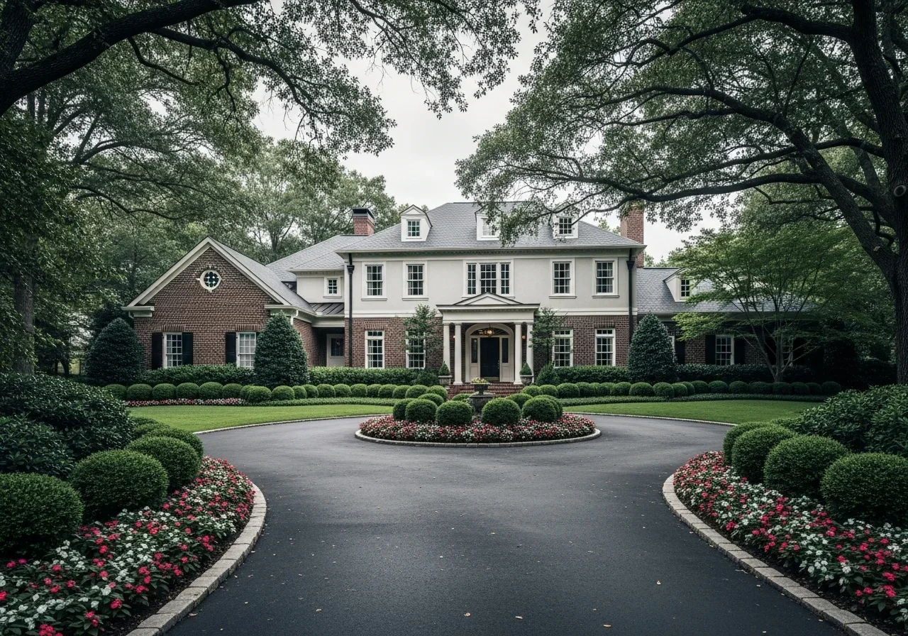 SouthPark Charlotte NC traditional two-story brick and stucco home from the 1980s with manicured landscaping