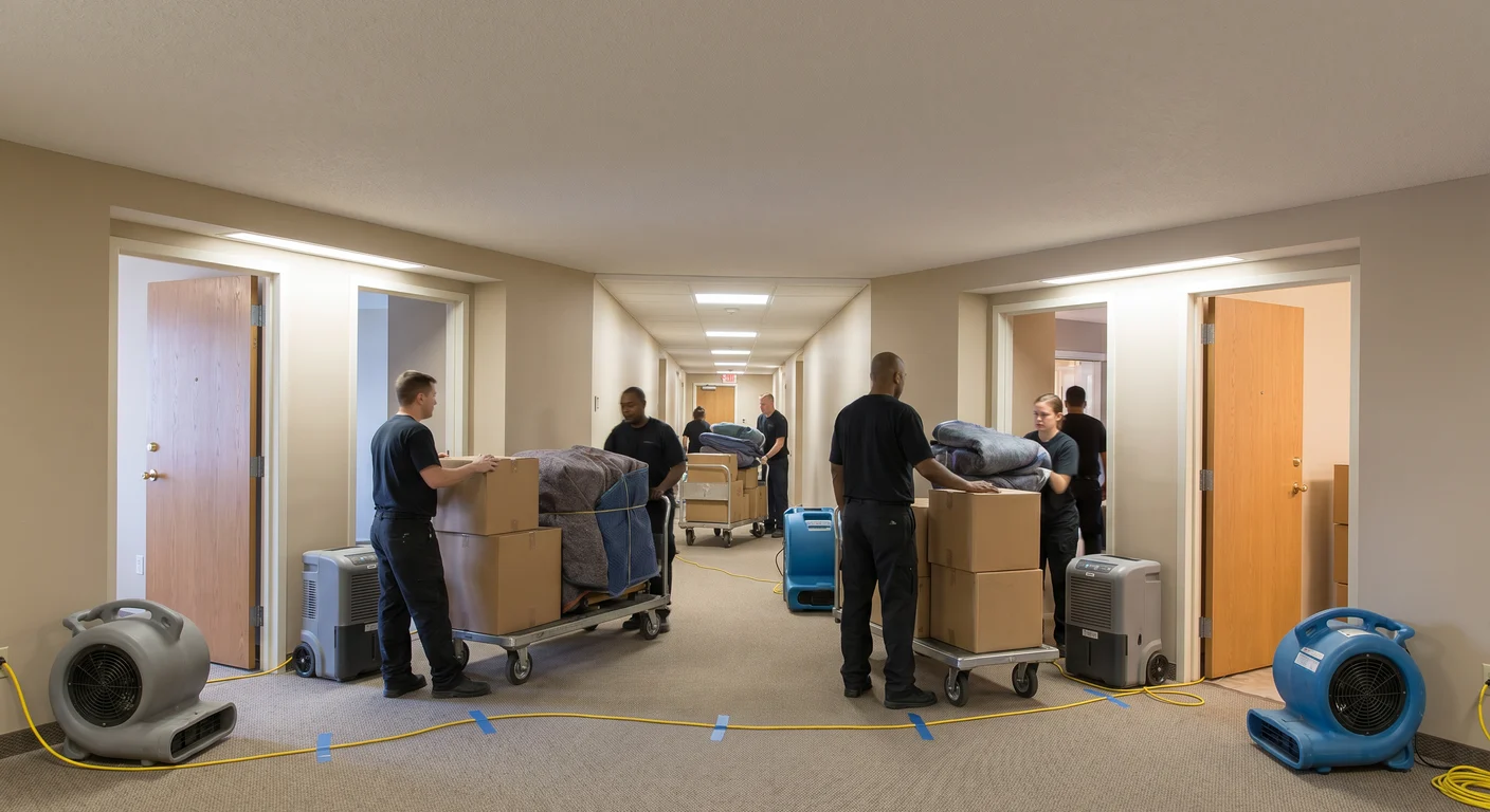 Wide corridor of a South Florida high-rise condo with contents pack-out in progress across multiple open unit doors — boxes on dollies, protective floor runners, and a staging area near the elevator bank