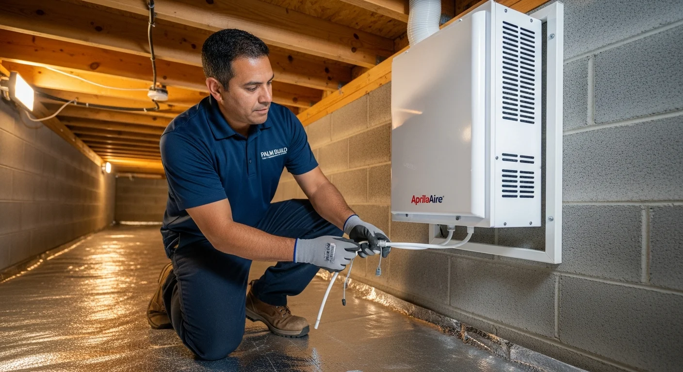 Palm Build restoration technician in safety gloves connecting a condensate drain line to a wall-mounted commercial crawl space dehumidifier in an encapsulated crawl space with white vapor barrier on the floor and foundation walls