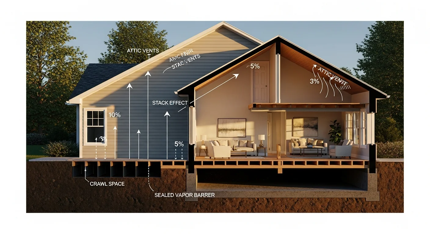 Cutaway architectural view of a residential home showing how air rises from the crawl space up through the living floors and exits through the attic, illustrating the stack effect that carries moisture and air quality issues from the foundation into the living space
