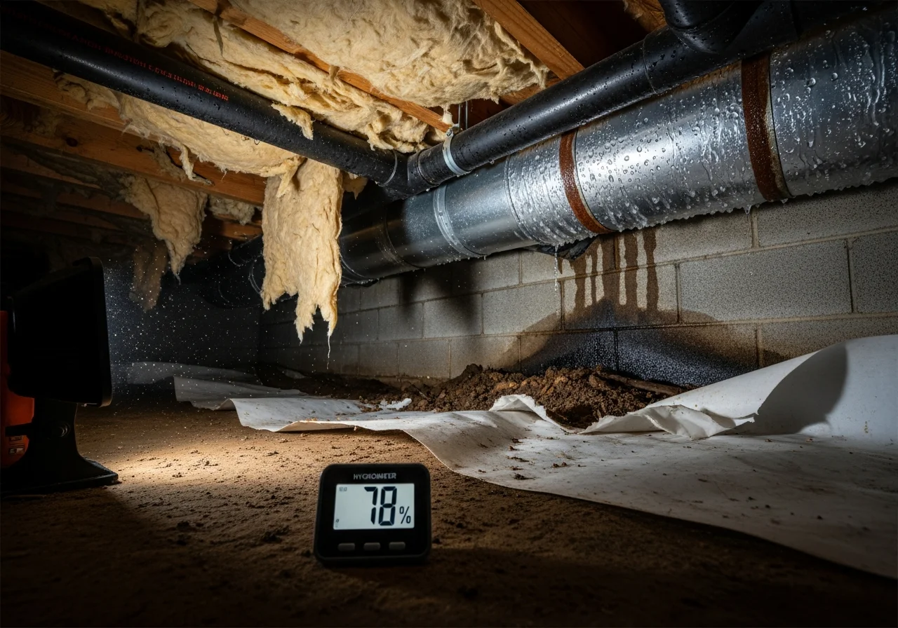 Crawl space moisture failure with sagging fiberglass insulation, condensation beads on pipes and HVAC ducts, rust streaks on duct straps, and a digital hygrometer on the dirt floor reading 78 percent relative humidity