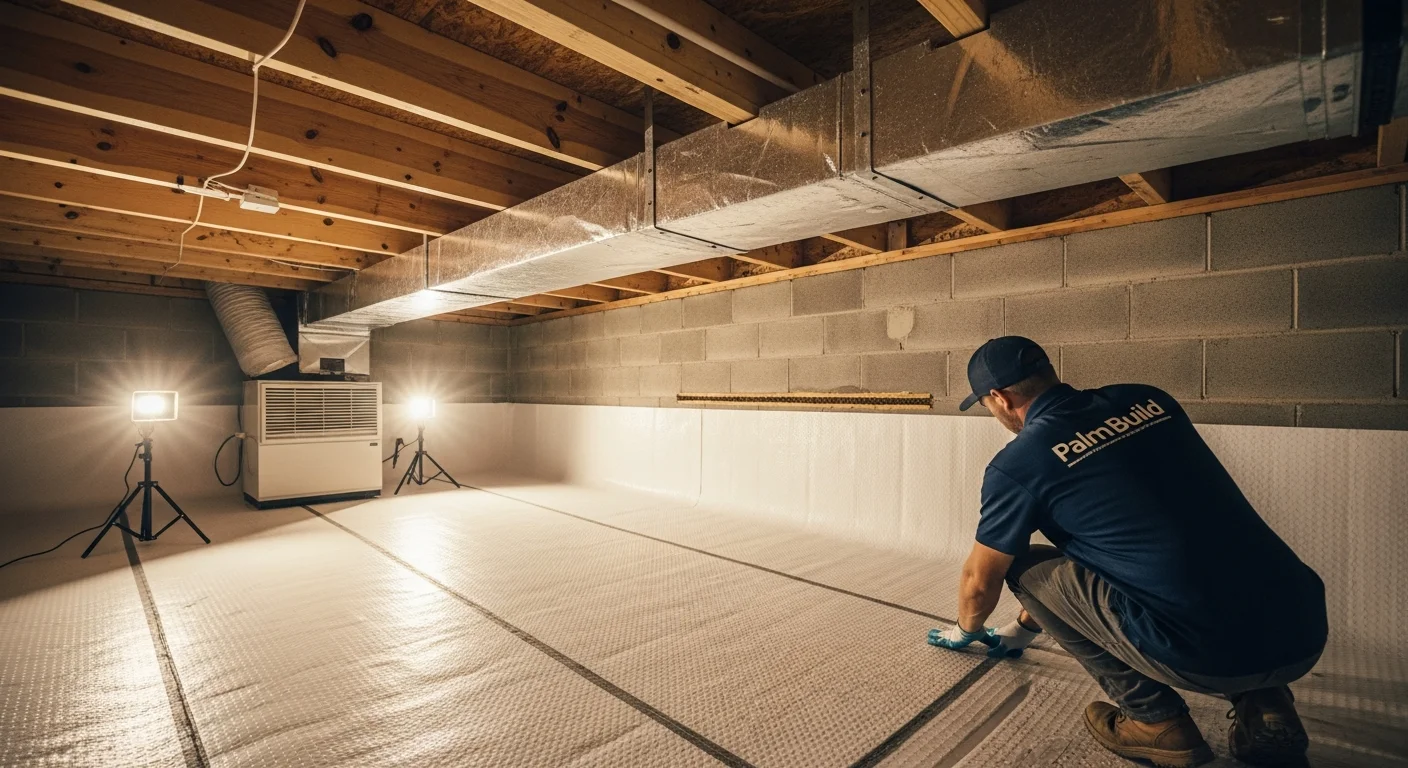 Palm Build technician smoothing a reinforced white vapor barrier liner across the floor and up the foundation walls of an encapsulated crawl space, with a visible three-inch termite inspection gap at the top of the wall and a commercial dehumidifier running in the background