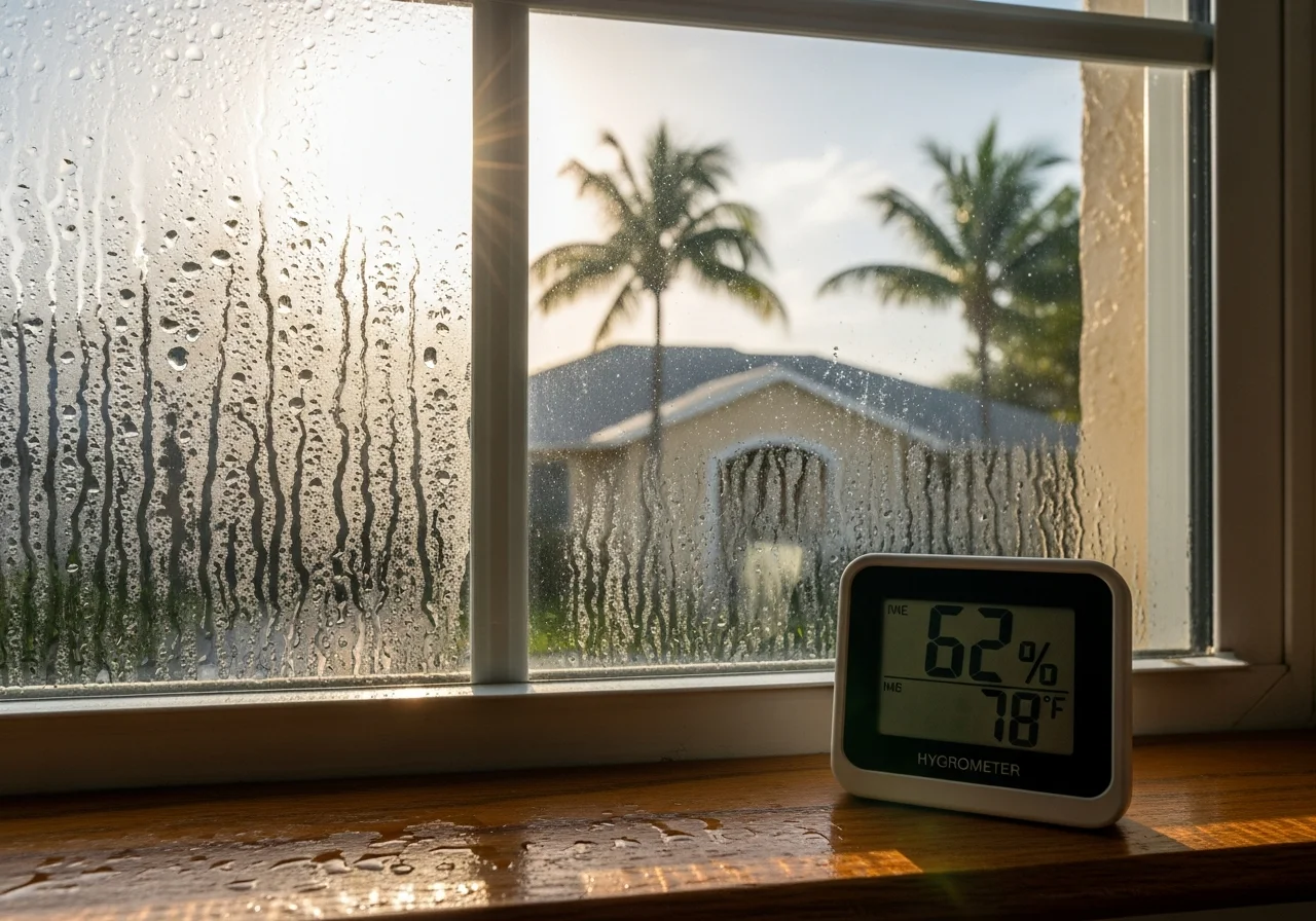 Heavy condensation on the inside of a Florida living-room window with palm trees visible outside in morning sun, and a digital hygrometer on the window sill reading 62 percent indoor relative humidity