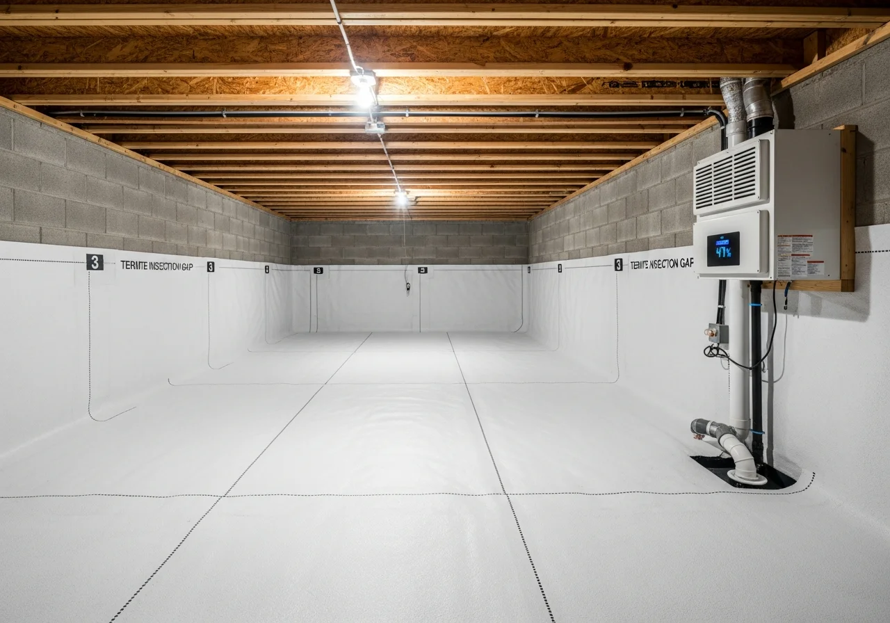 After image of the same crawl space fully encapsulated with reinforced white liner on floor and walls, a commercial dehumidifier running, and a three-inch termite inspection gap visible at the top of the wall