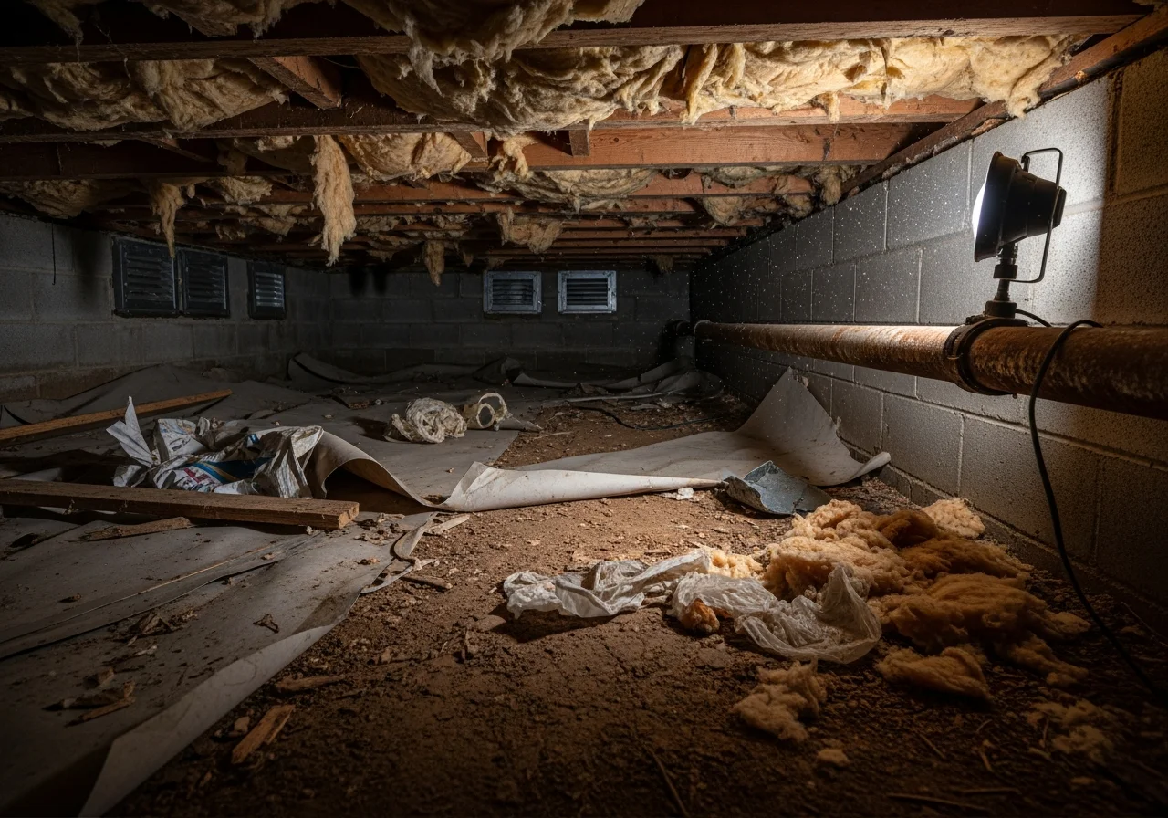 Before image of an unencapsulated vented crawl space with bare dirt floor, torn vapor barrier, sagging fiberglass insulation, and visible construction debris