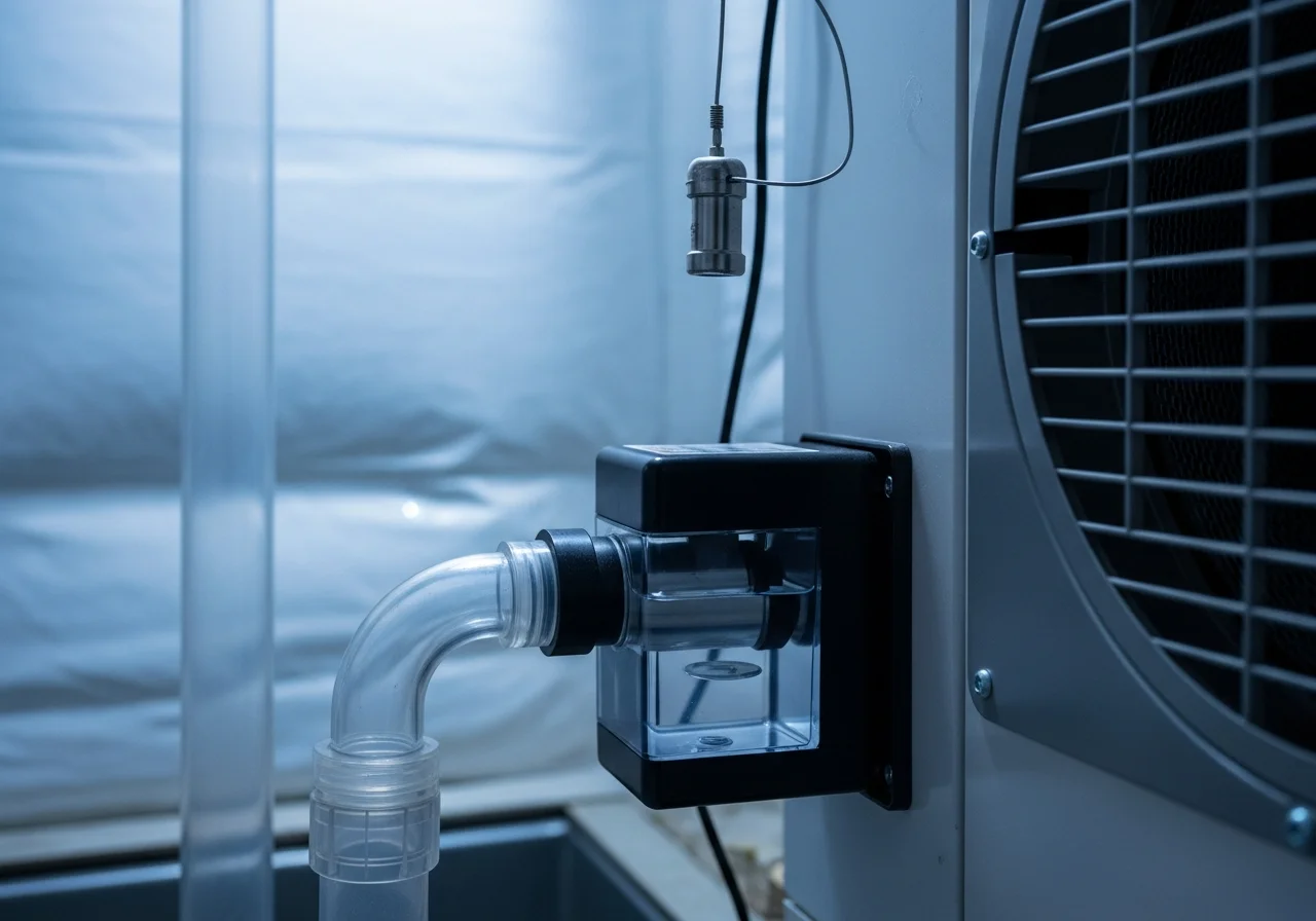 Close-up of a commercial crawl space dehumidifier condensate drain pump and translucent reservoir mounted beside the unit, with a clear plastic discharge line routed up toward a sump basin