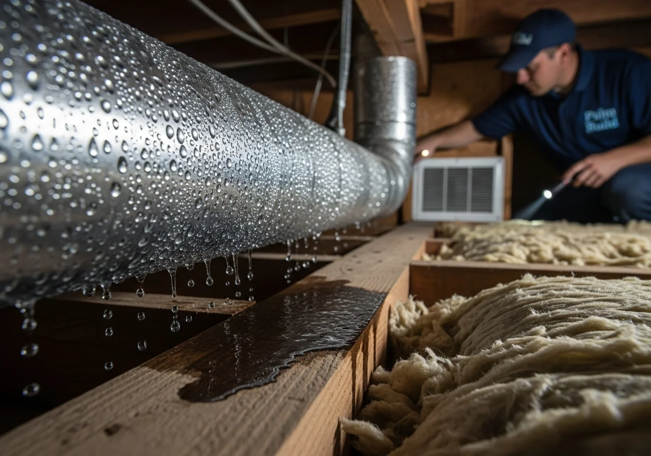 Heavy condensation beading on a silver HVAC supply duct running through a vented crawl space, with water droplets dripping onto a wooden floor joist and staining the fiberglass insulation below