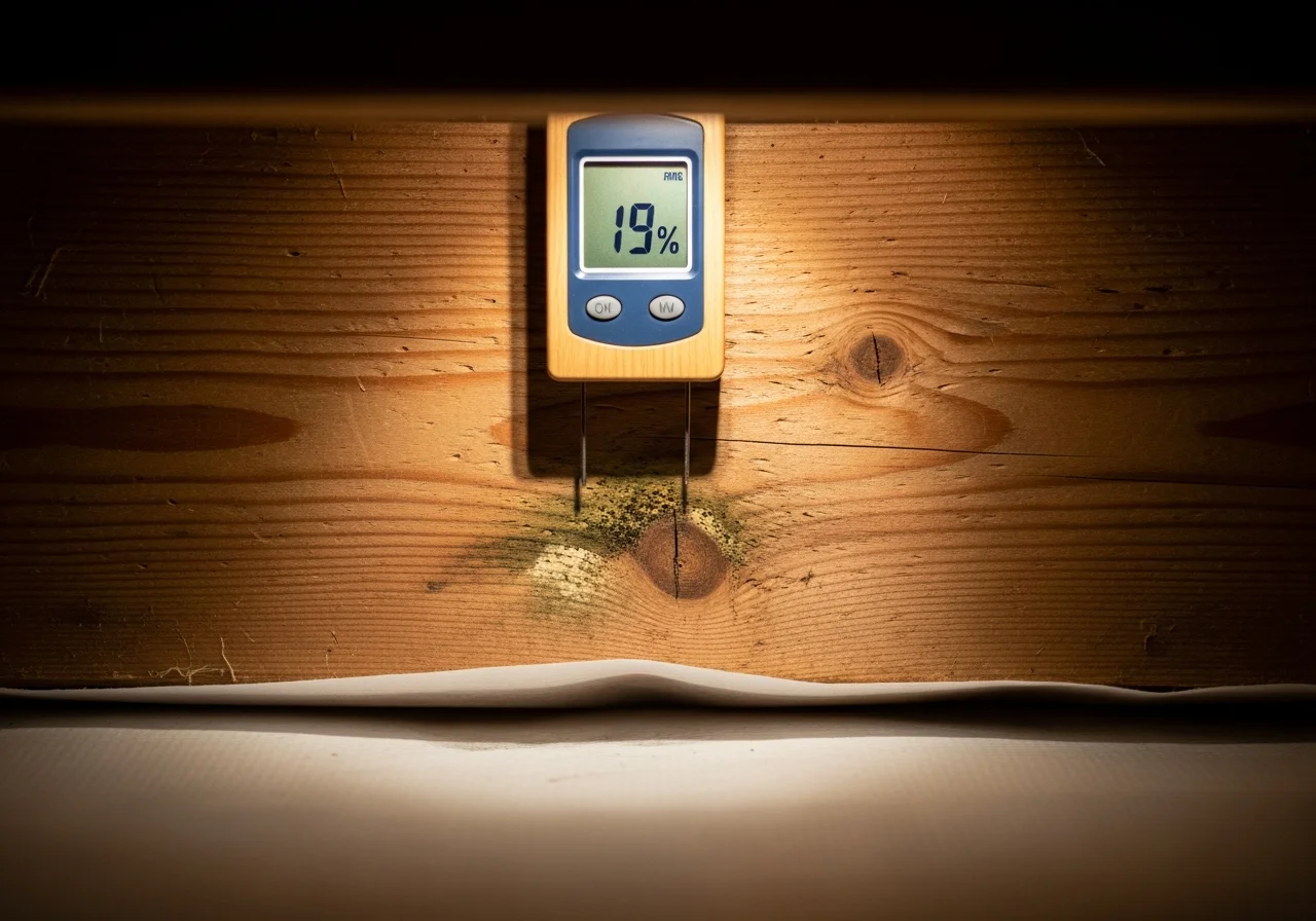 Close-up of a pin-type wood moisture meter pressed against a crawl space floor joist reading 19 percent moisture content