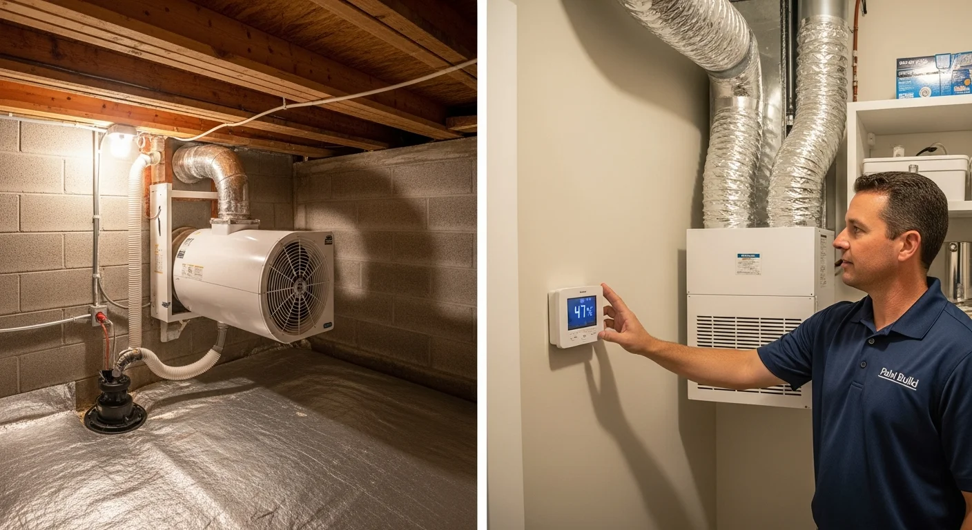 Side-by-side comparison of a wall-mounted commercial crawl space dehumidifier in an encapsulated foundation and a whole-house dehumidifier installed inline on an HVAC return duct in a residential mechanical room