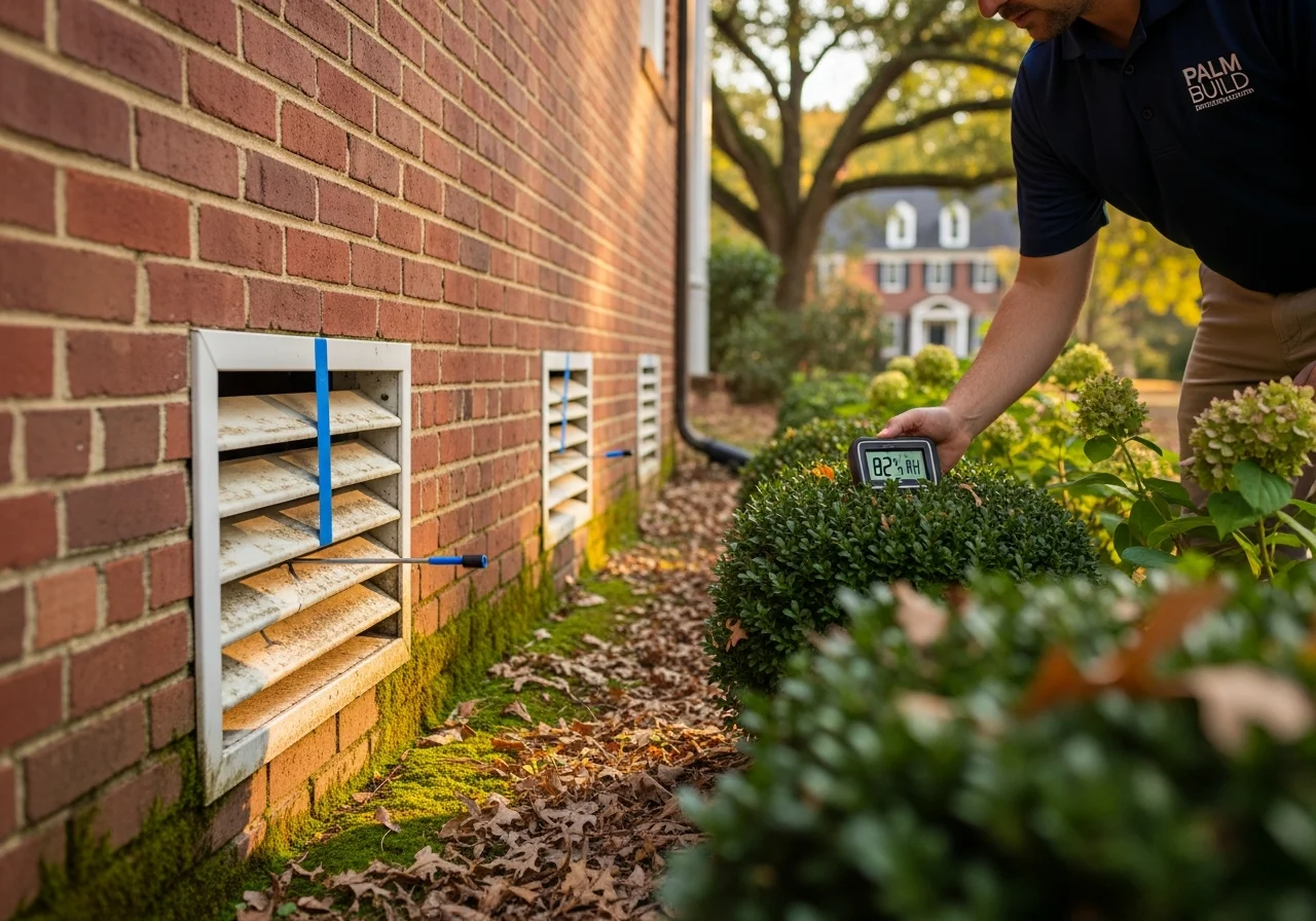 Exterior close-up of an older two-story red-brick North Carolina home's foundation with weathered metal crawl space vents partially obscured by boxwood shrubs, a Palm Build technician reading a hygrometer probe inserted through one vent showing 82 percent relative humidity