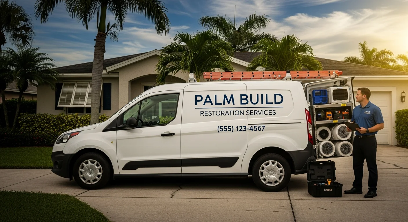 Palm Build branded white service van parked in the driveway of a single-story stucco home with palm trees, equipment organized in the rear cargo area, and a Palm Build technician standing with a clipboard