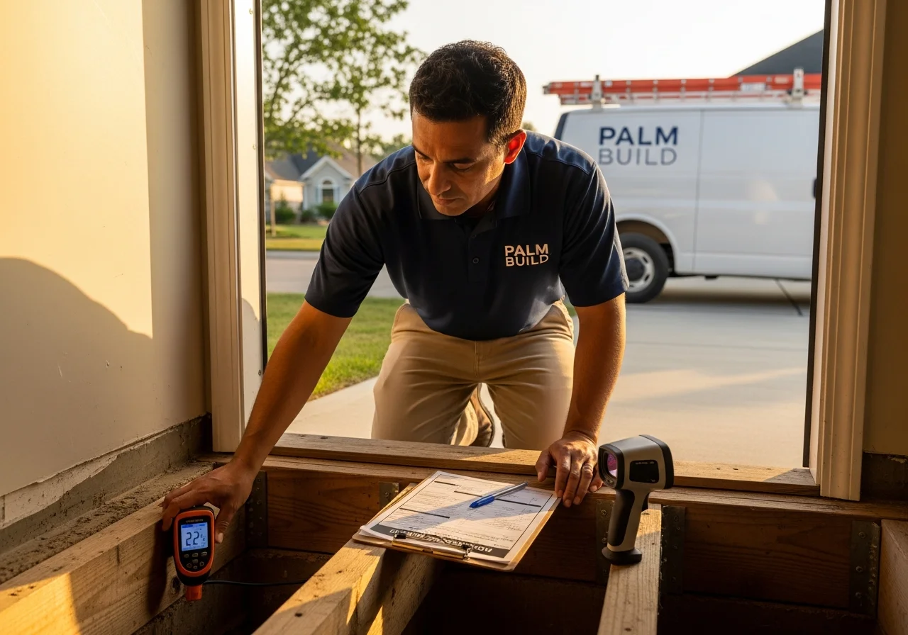 Palm Build restoration technician in a navy Palm Build polo kneeling at the open crawl space access of a residential home with a moisture meter on a floor joist and a printed sizing worksheet on a clipboard beside him
