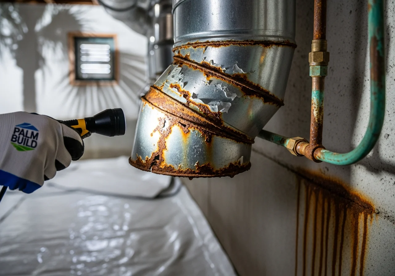 Corroded silver galvanized HVAC duct in a South Carolina coastal crawl space showing orange-brown salt-air rust that has pitted through the elbows, with rust streaks dripping onto the concrete foundation wall below