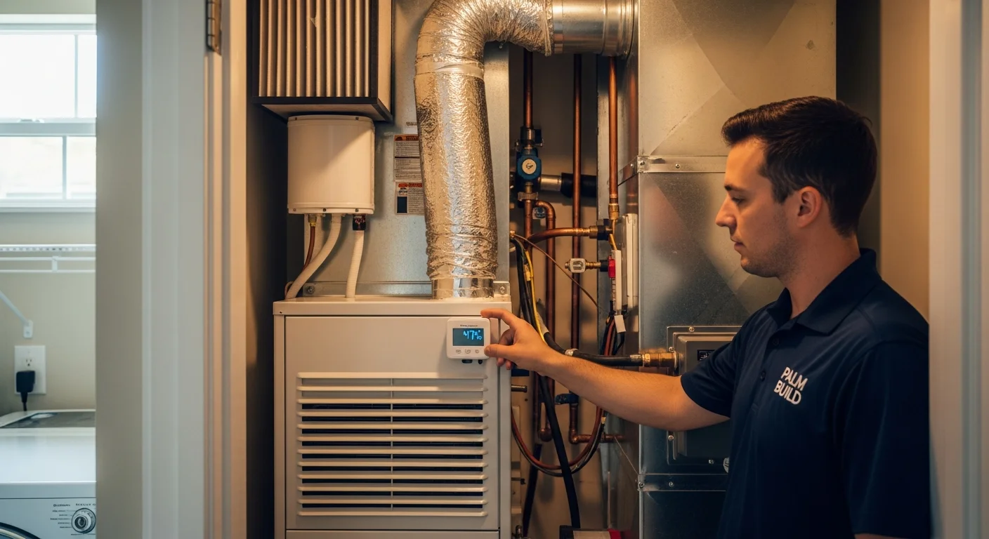 Palm Build technician in a navy polo shirt adjusting a small digital humidistat on a whole-house dehumidifier installed inline with the HVAC return duct in a clean residential mechanical room, humidistat reading 47 percent