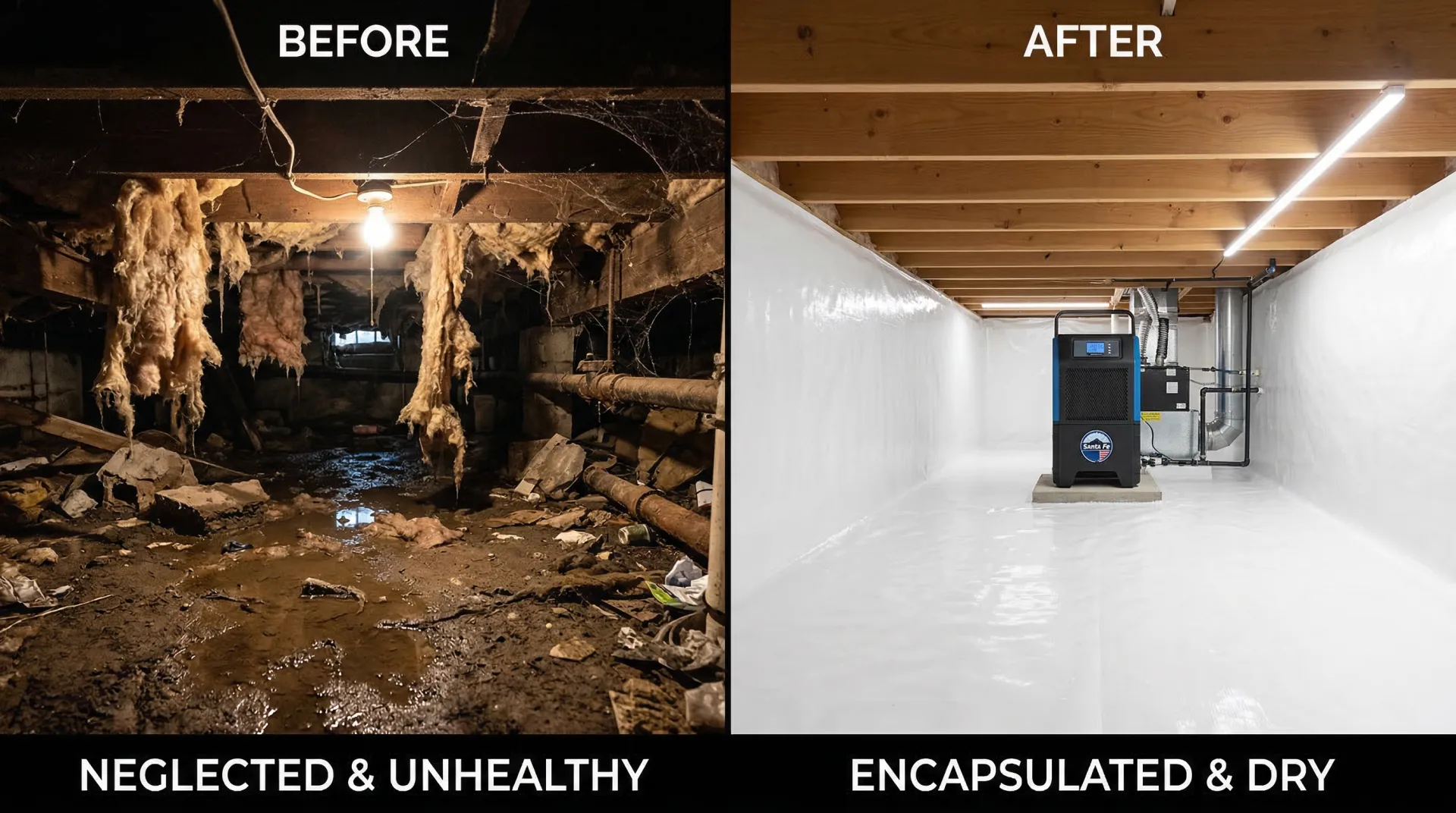 Before and after comparison showing a dirty damp crawl space transformed into a clean encapsulated space with white vapor barrier