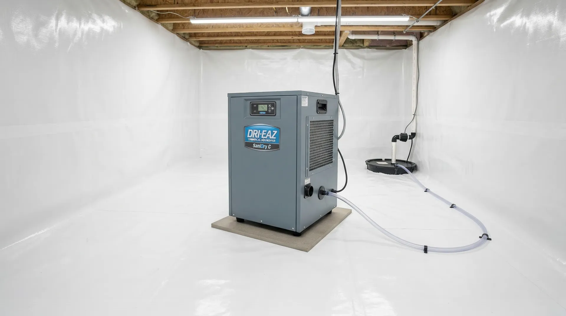 Commercial crawl space dehumidifier installed in a clean encapsulated crawl space with white vapor barrier