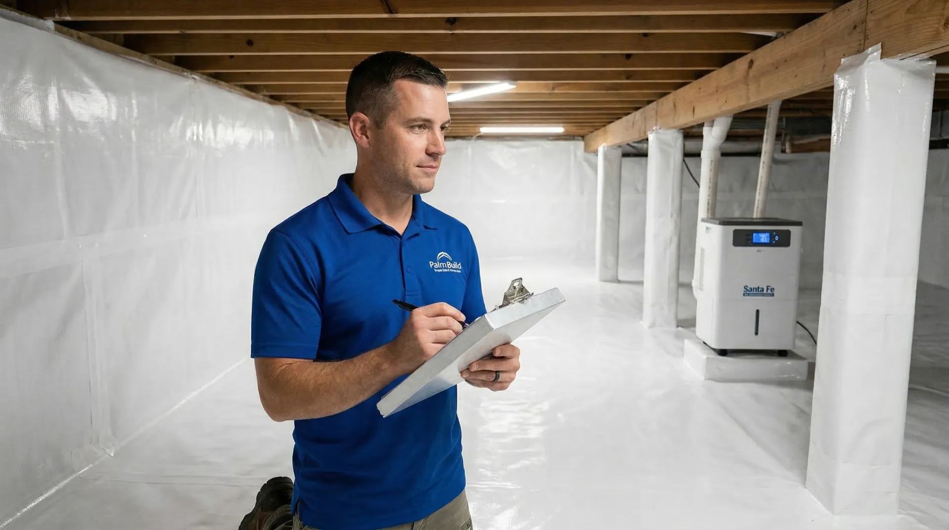 Palm Build team member in blue branded polo inspecting a completed crawl space encapsulation with clipboard during final quality check