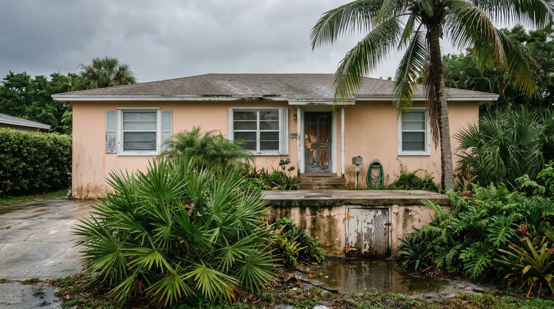 Florida home exterior with palm trees showing foundation and humid subtropical environment near the crawl space