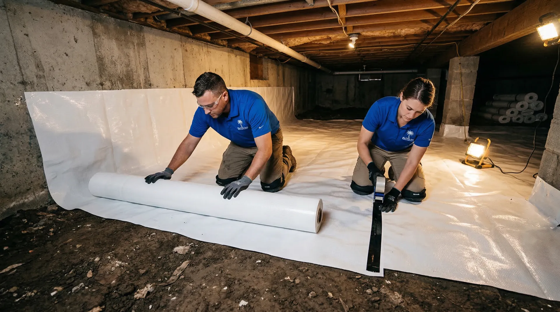 Palm Build restoration technicians installing a white polyethylene vapor barrier during a crawl space encapsulation project