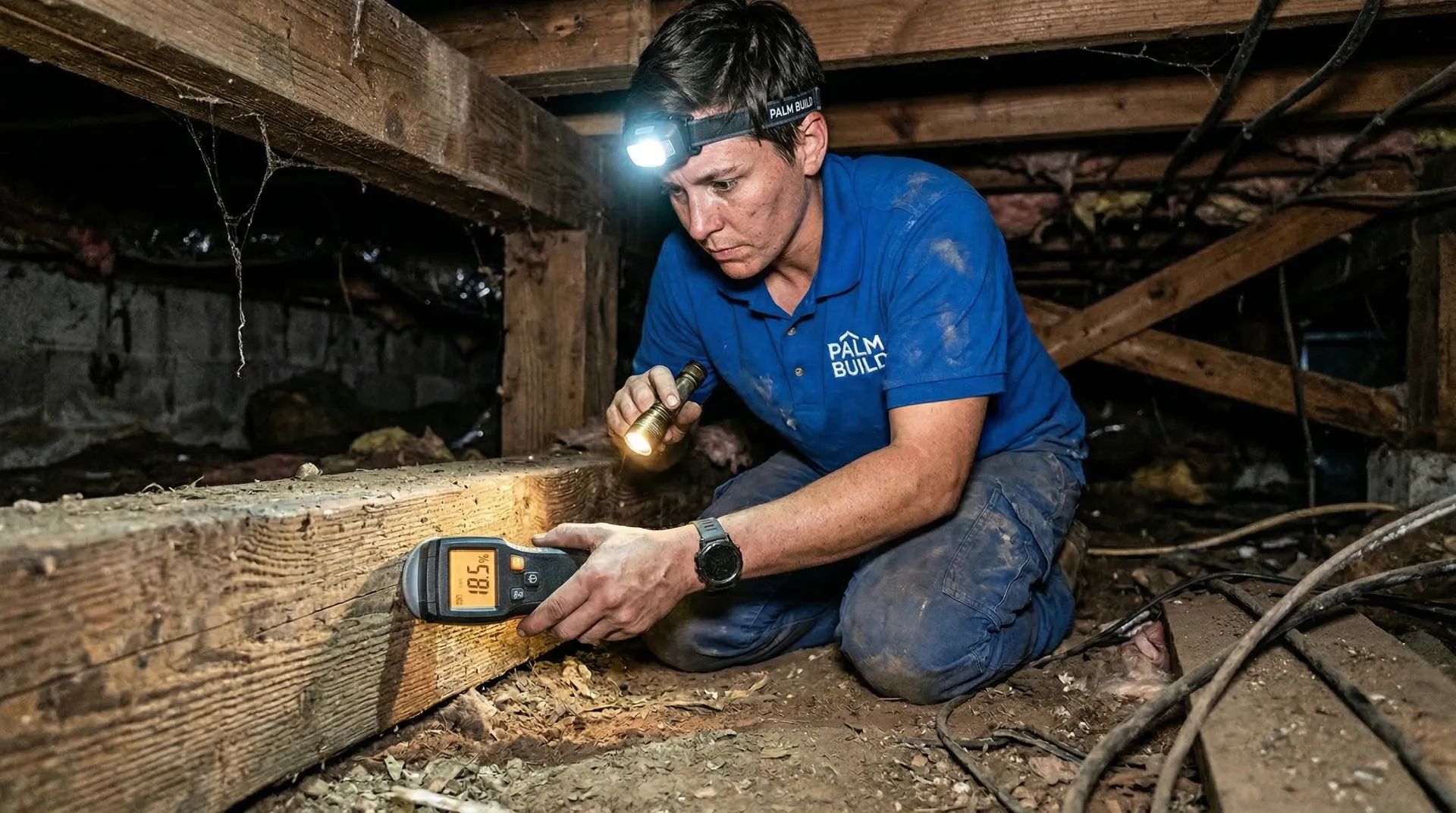 Palm Build technician using a digital moisture meter to test wood floor joists in a crawl space during inspection