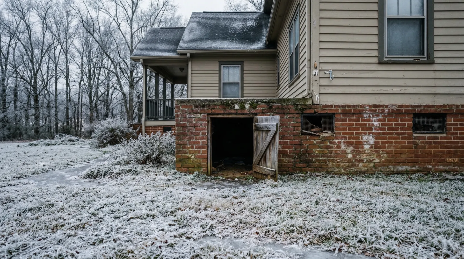 North Carolina home in winter showing crawl space access with brick foundation and bare trees in Charlotte area