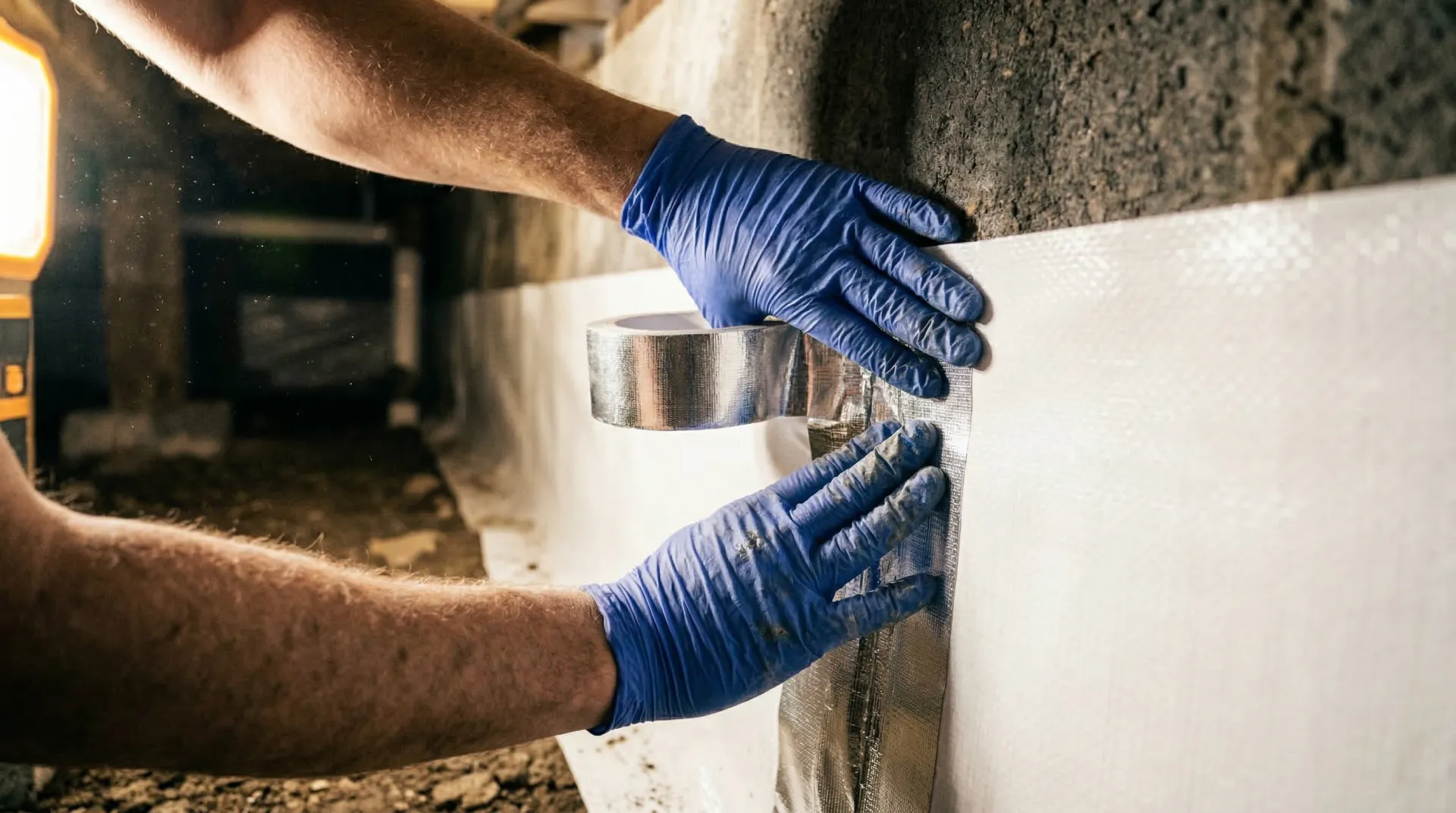 Close-up of hands in blue gloves taping seams of a white polyethylene vapor barrier during crawl space encapsulation