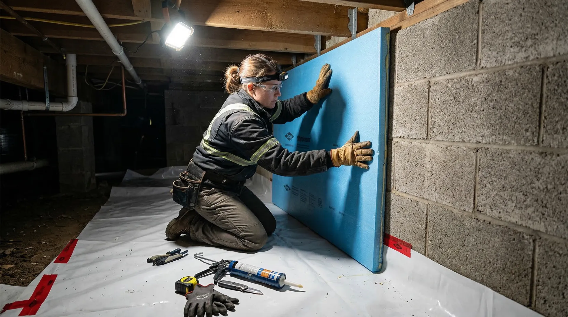 Rigid foam board insulation being installed on crawl space foundation walls