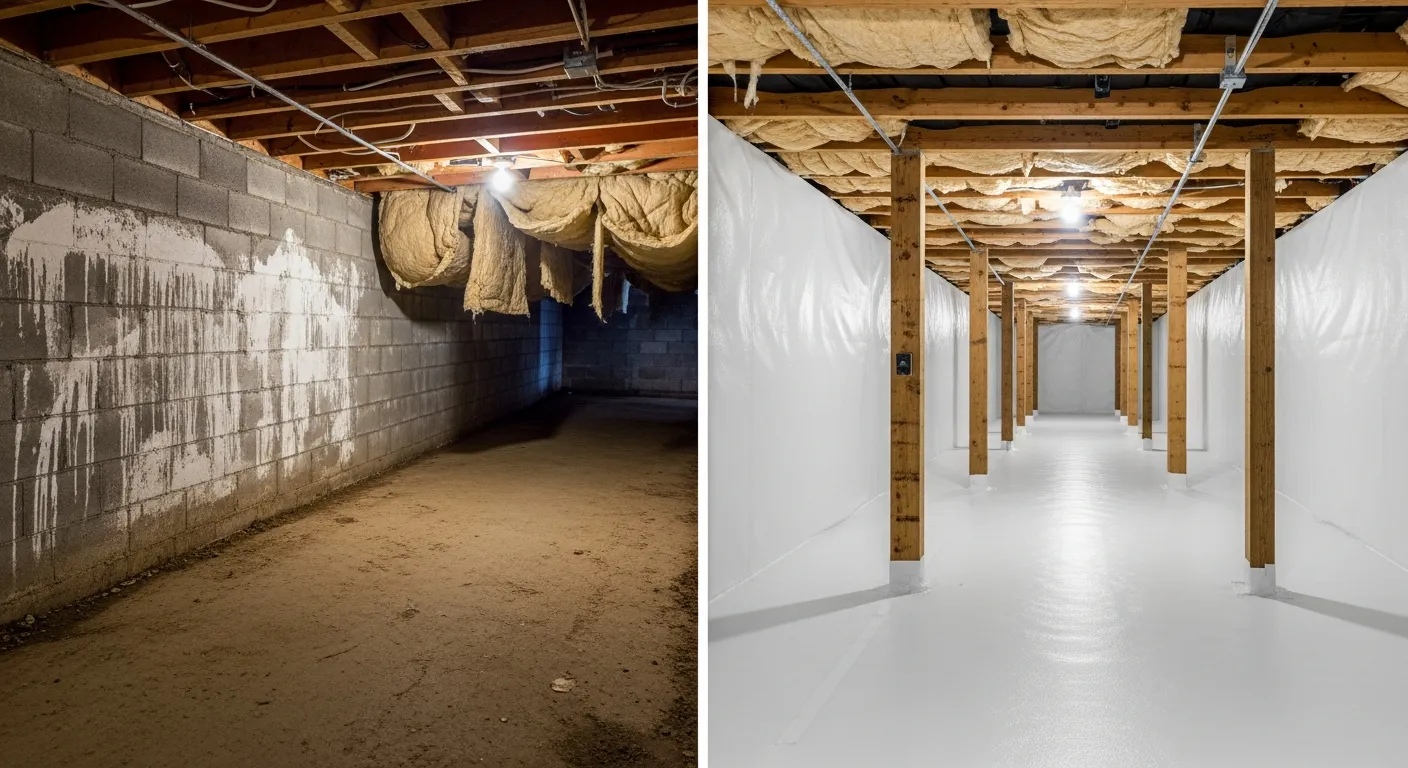 Split image showing a crawl space with bare dirt floor, exposed block walls, and sagging insulation on the left, and the same space after encapsulation with sealed white liner and clean joists on the right