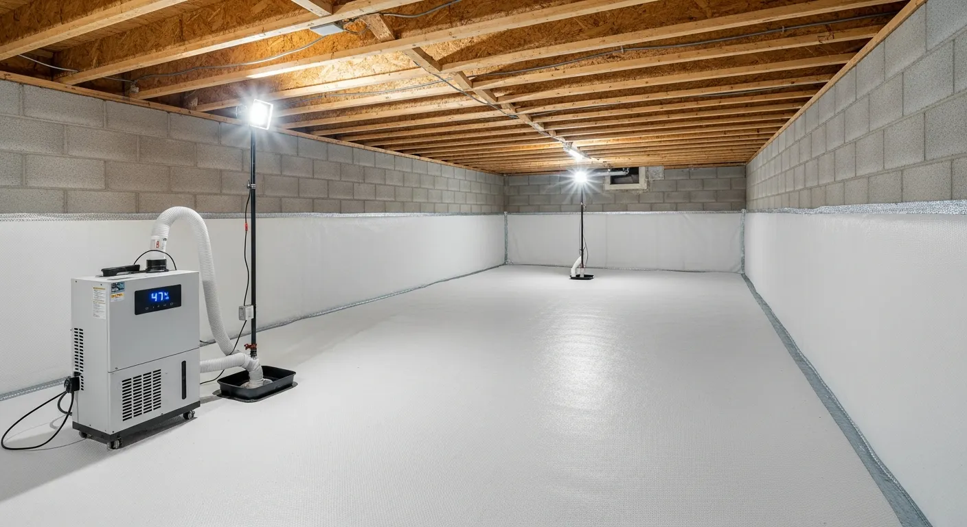Fully encapsulated crawl space with sealed white liner covering floor and walls, a commercial dehumidifier running, and clean floor joists overhead