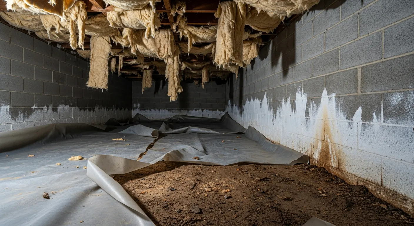 Crawl space with a torn and shifted vapor barrier exposing bare dirt, water staining on the concrete block walls, and sagging fiberglass insulation hanging from the floor joists