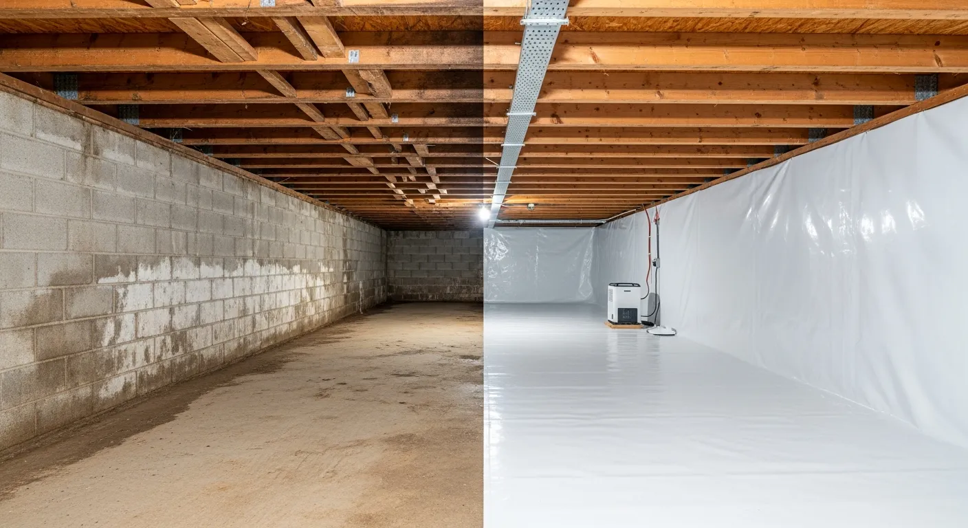 Split view of a residential crawl space showing a sealed white encapsulation liner on one side and exposed dirt floor with moisture staining on the other, representing the decision between encapsulating and leaving the space open