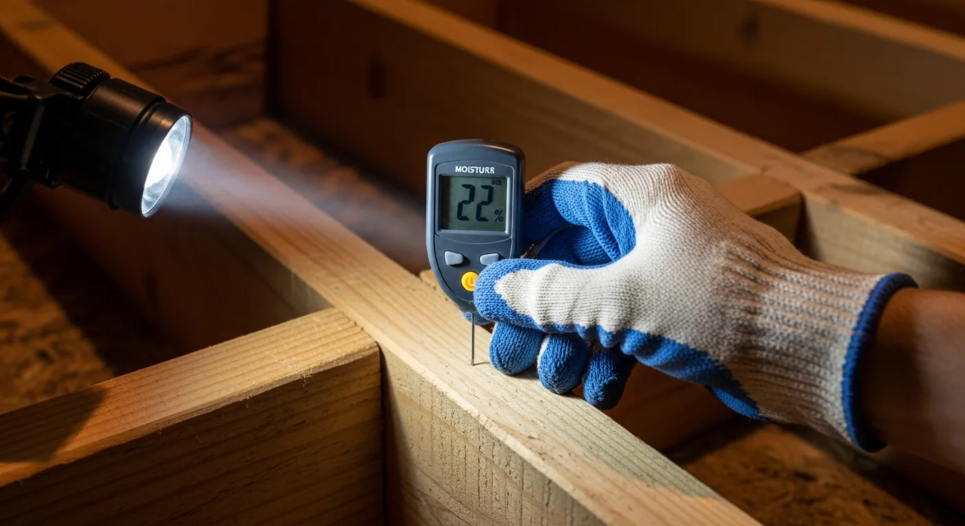 Close-up of a pin-type moisture meter pressed against a wooden floor joist in a crawl space reading 22 percent moisture content