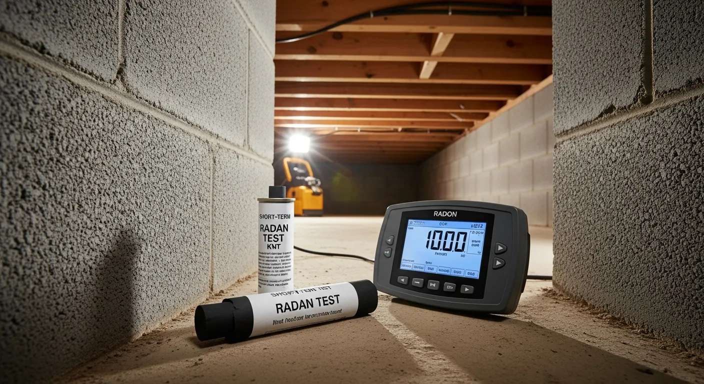 Short-term radon test kit placed on the crawl space floor next to a foundation wall with a digital readout display
