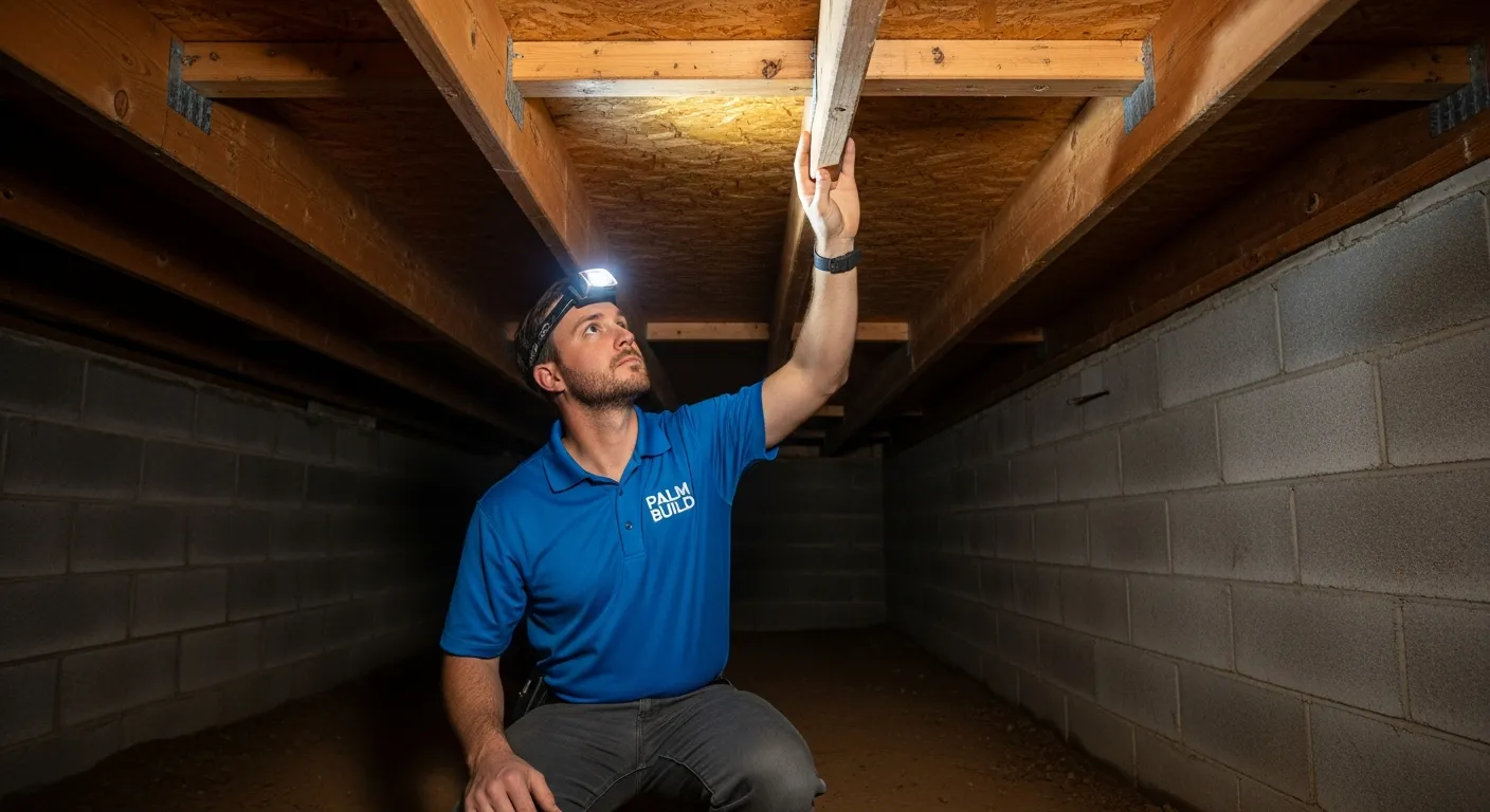 Restoration technician in a crawl space using a headlamp to inspect wooden floor joists and subfloor for moisture damage and mold