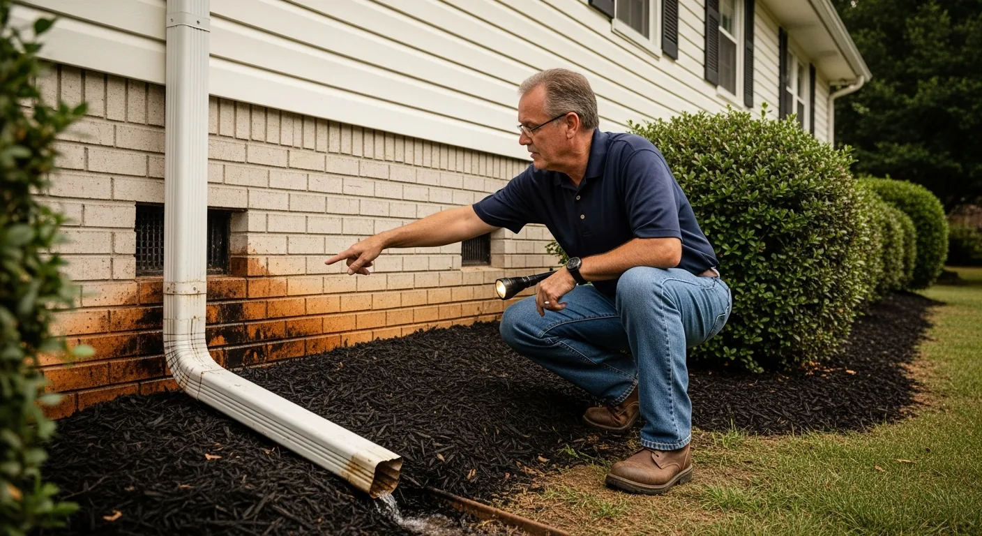 Homeowner in navy polo and work boots crouched by a southeastern ranch home foundation pointing with a flashlight at soil sloping toward the house, mulch piled against the brick, and a downspout discharging rainwater near the wall