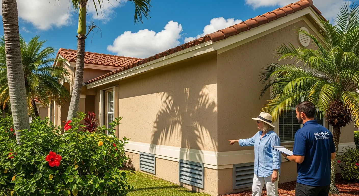 South Florida one-story stucco home with terracotta tile roof and palm trees, showing two FEMA-compliant engineered flood vents in the foundation wall, with a Palm Build technician and homeowner inspecting them
