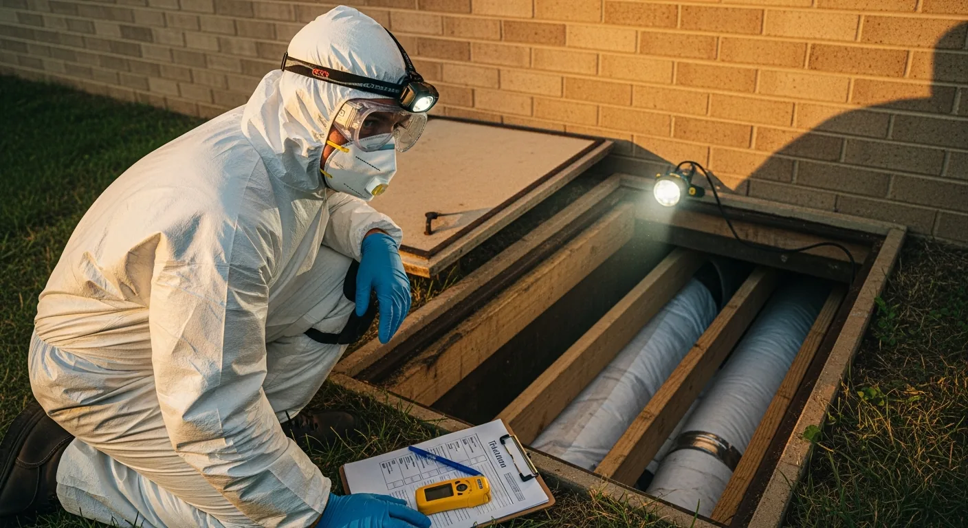 Homeowner in full PPE — Tyvek coveralls, N95 respirator, safety goggles, gloves, and LED headlamp — kneeling outside an open crawl space hatch of a southeastern U.S. home, preparing to begin a DIY inspection