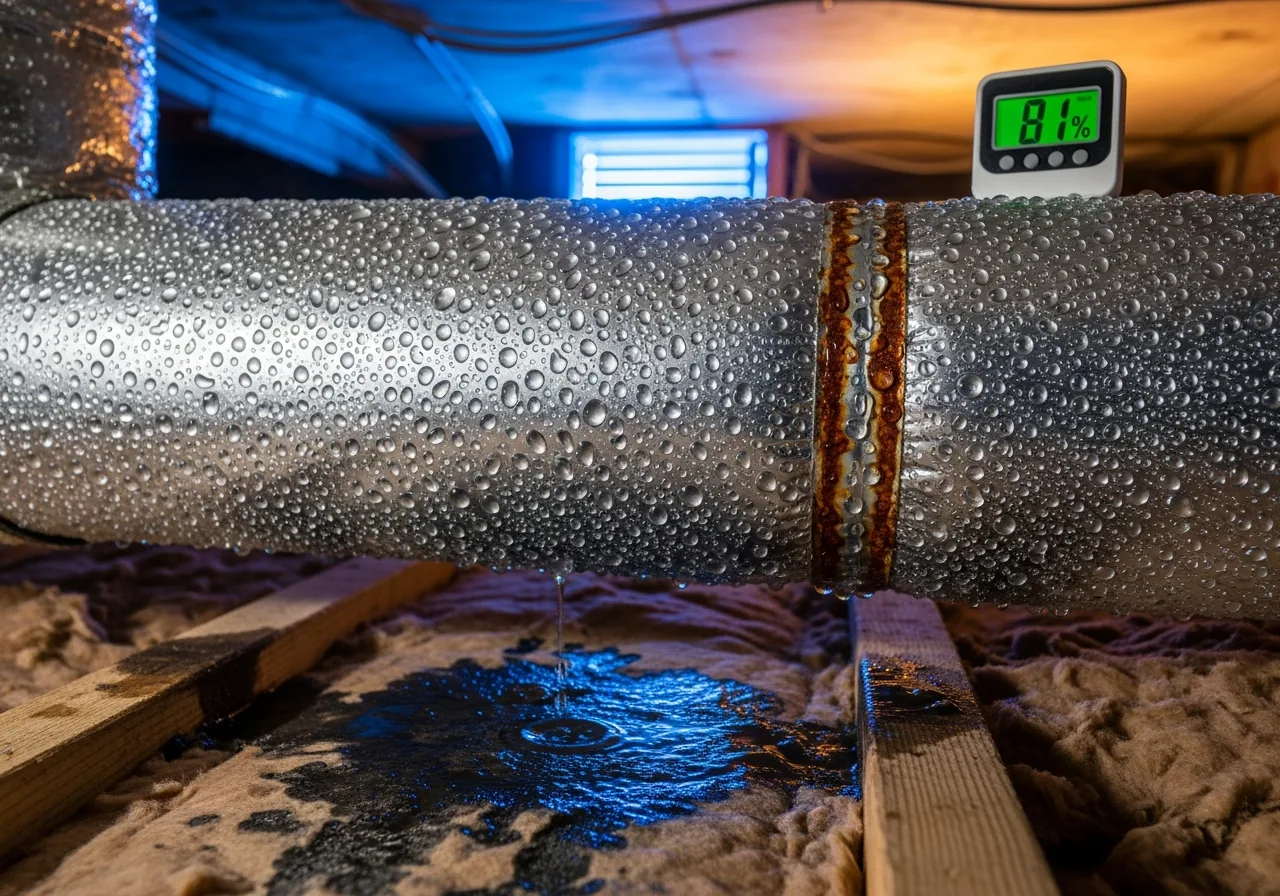 Heavy condensation beading and dripping from a silver insulated HVAC supply duct in a humid crawl space, with a digital hygrometer on a floor joist displaying 81 percent relative humidity