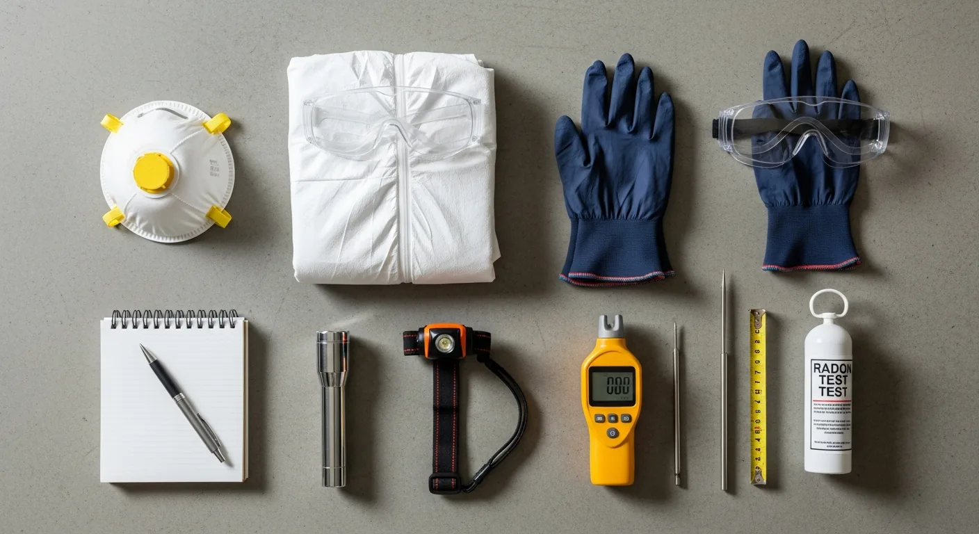 Overhead flat lay of crawl space inspection gear on a concrete floor — N95 respirator, Tyvek coverall, nitrile gloves, safety goggles, LED headlamp, yellow moisture meter, flashlight, notebook, tape measure, awl, and radon test kit