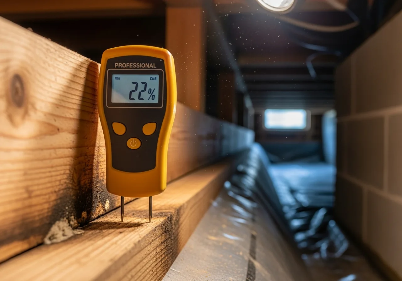 Close-up of a yellow pin-type wood moisture meter pressed into a stained crawl space floor joist showing a reading of 22 percent on the LCD screen, with dust particles visible in a work light beam