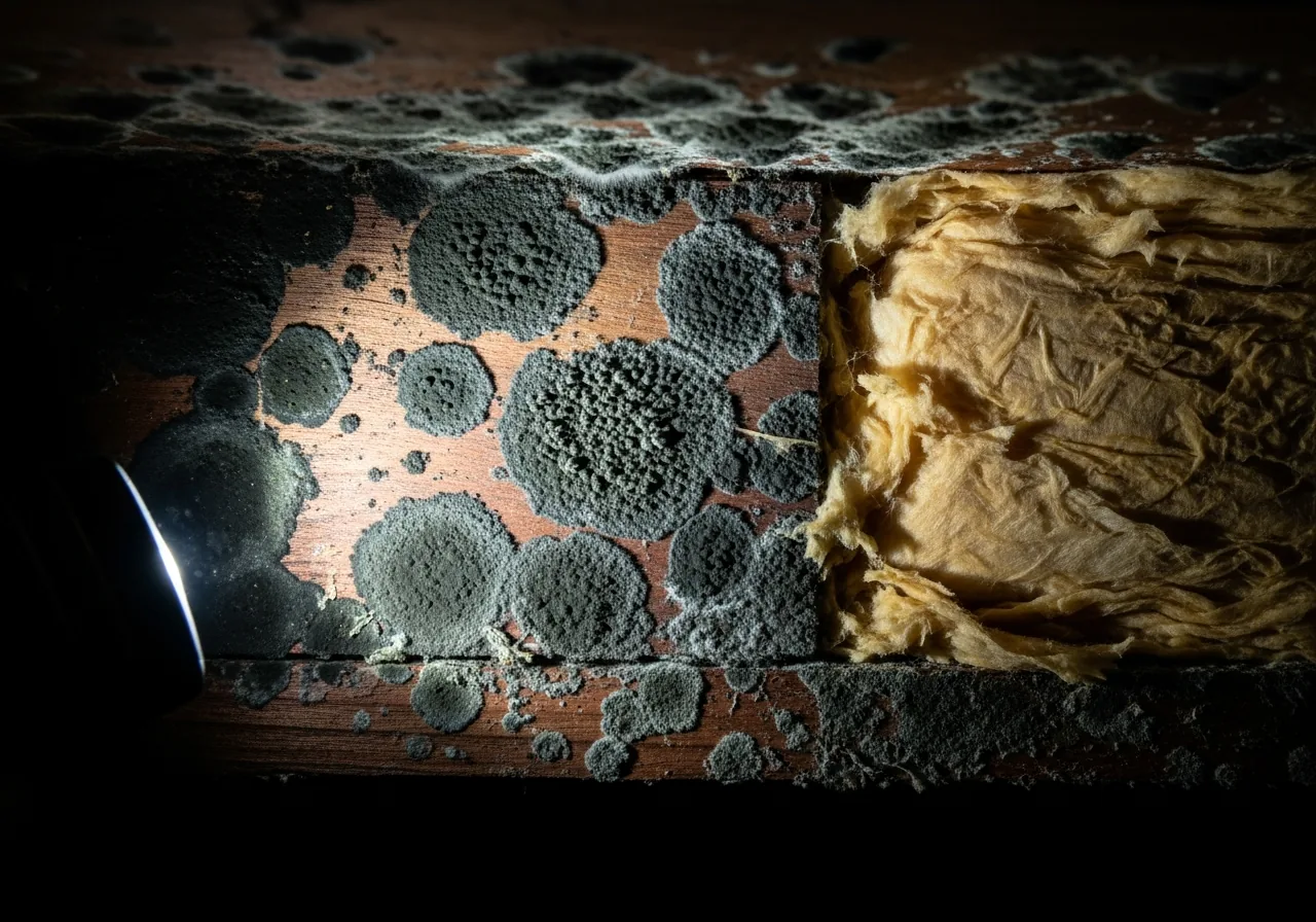 Dense black and green mold colonies spreading across the underside of a wooden floor joist and the paper facing of fiberglass insulation, illuminated by a raking flashlight beam in a dark crawl space