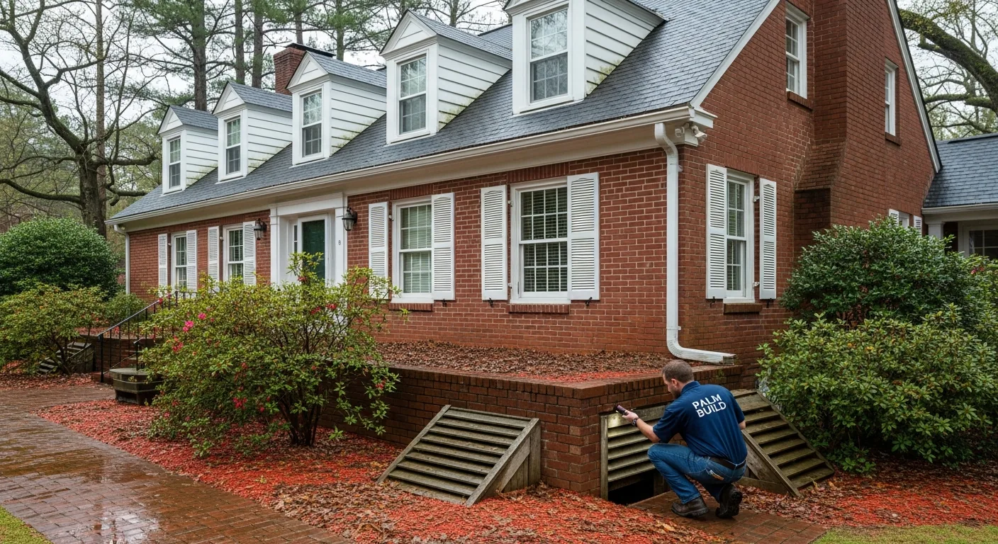 Classic North Carolina Piedmont red-brick Colonial home with weathered metal foundation vents partially obscured by azalea shrubs and oak leaves, with reddish Piedmont clay soil visible and a Palm Build technician inspecting a vent