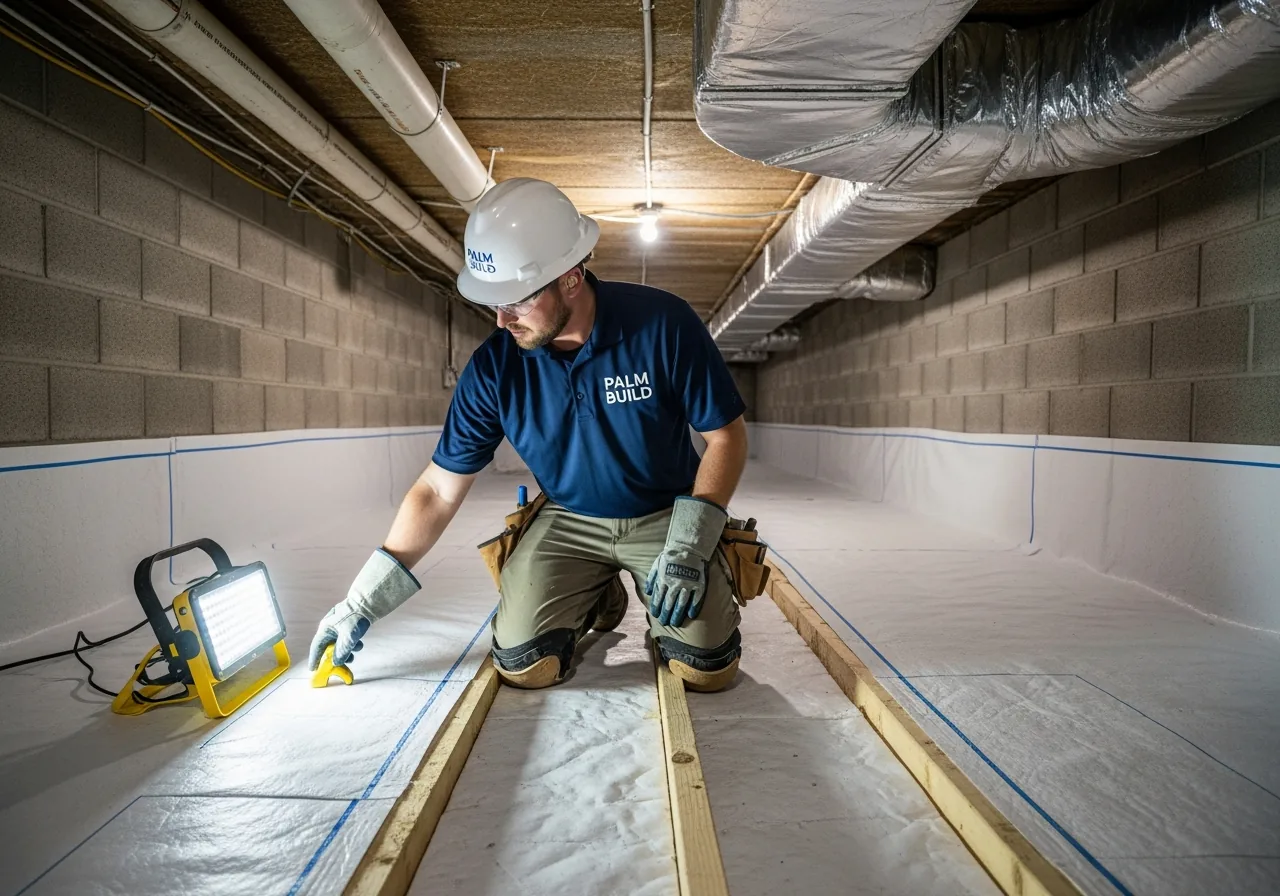 Palm Build restoration technician in a navy polo shirt, white hard hat, and knee pads inspecting a floor joist with a moisture meter inside a recently encapsulated crawl space with white vapor barrier on walls and floor
