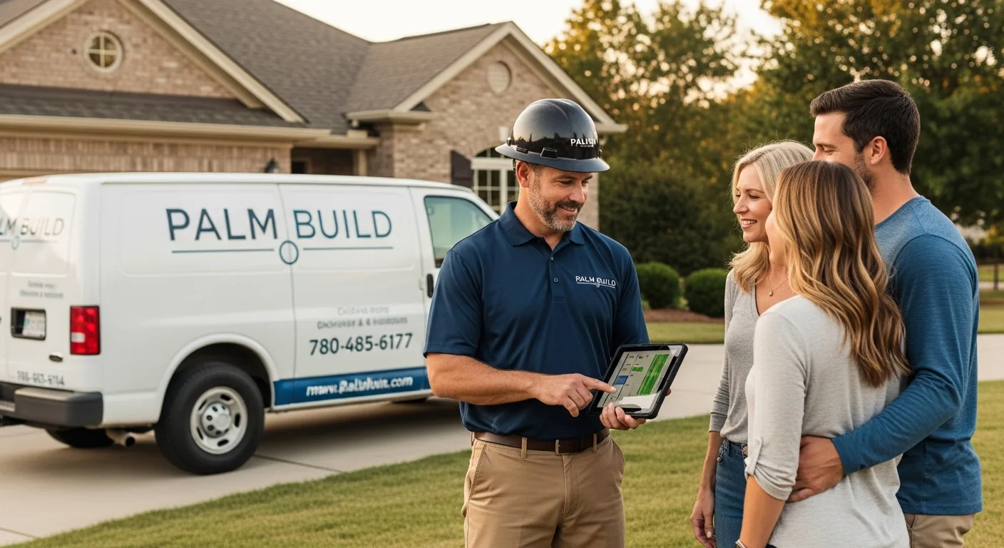 Palm Build restoration technician in a navy polo shirt and hard hat showing moisture readings on a tablet to a homeowner couple in a suburban driveway, with a Palm Build service van parked behind them