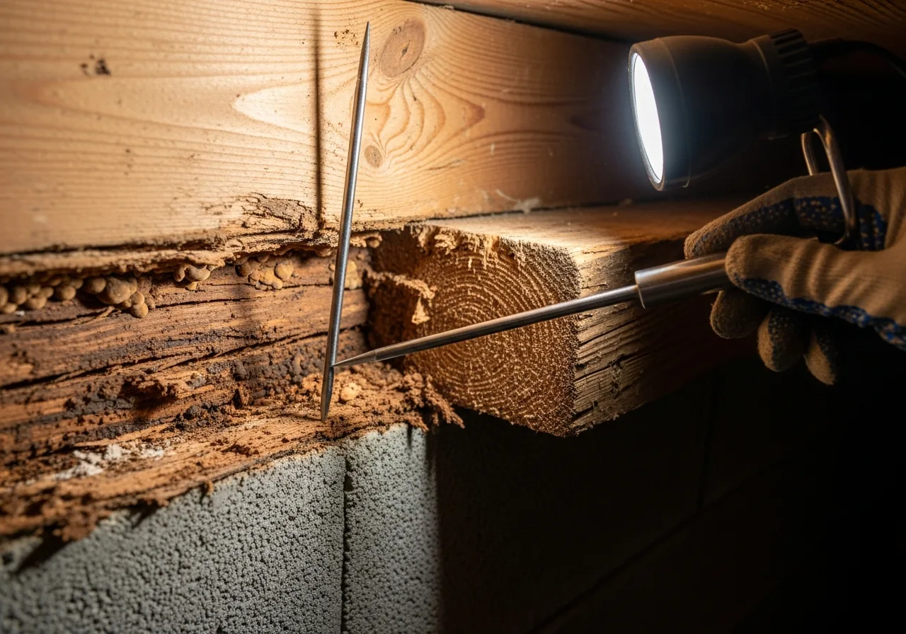 Stainless steel awl probe being pushed into a visibly softened, crumbling, darkened sill plate sitting atop a concrete block foundation wall in a crawl space, with advanced wood decay visible along the grain